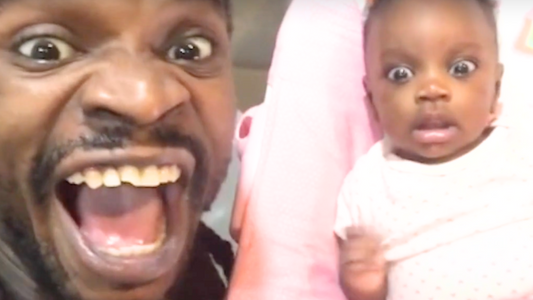 Dad hilariously shocks baby and makes her cry