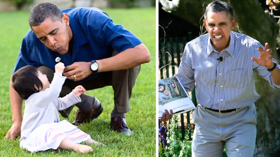 Man blows flowers with baby