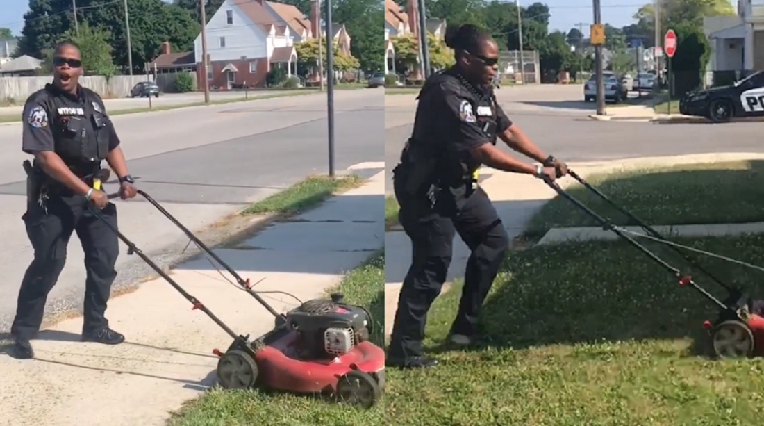 Cop Sees Woman Struggling To Mow Lawn And Stops To Help